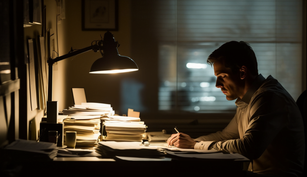 Sauver une entreprise en difficulté, un PDG fatigué travaillant tard dans son bureau pour sauver sa société, avec des piles de documents et un ordinateur allumé sur son bureau, la lumière du soir brillant à travers la fenêtre, un sentiment d'urgence et de stress palpable.