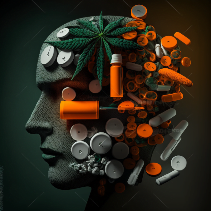 a close up of a person's head with a pair of scissors, pills and medicine, personification of marijuana, 3d parallax view effect, very dark background, effective altruism,, head and shoulders view, interconnected, bipolar, disorder,  pessimism