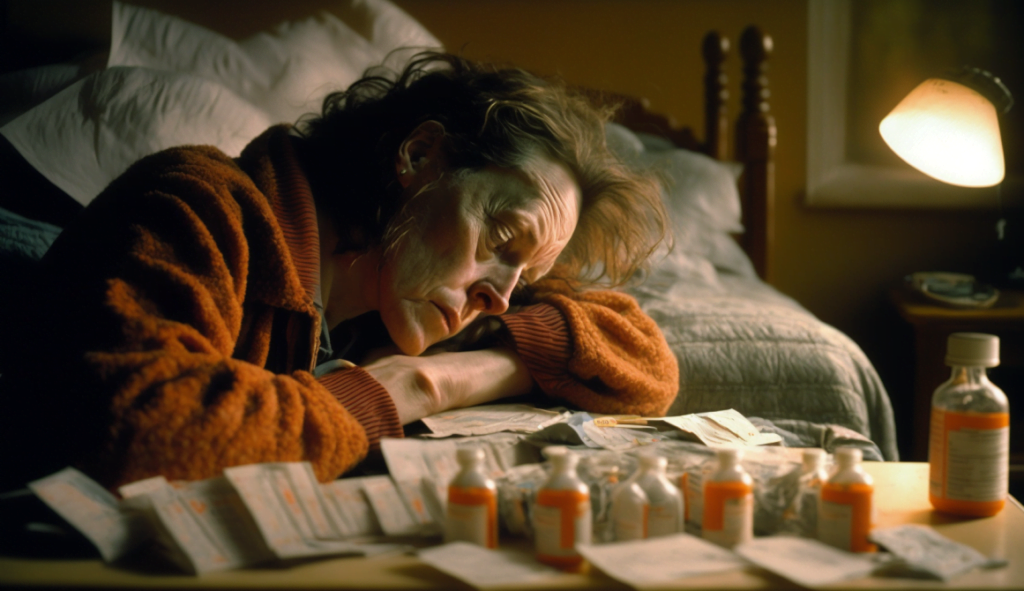 Maladie et difficultés financières, Une femme allongée dans son lit, entourée de factures impayées et de flacons de médicaments, dans une pièce faiblement éclairée au papier peint décollé et à la fenêtre brisée, donnant un sentiment de désespoir, Photographie avec un objectif de 50 mm, ouverture f/2.8, et une faible profondeur de champ.